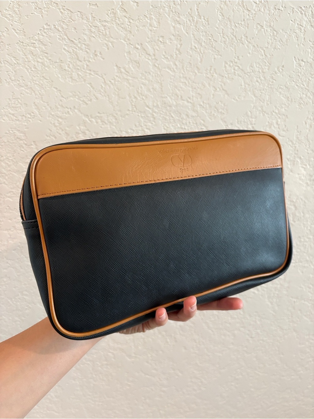 Valentino Garavani Black and Tan Leather Toiletry Bag